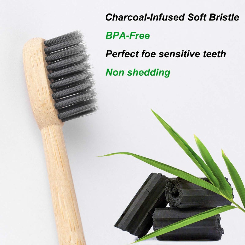 NUDUKO Biodegradable Charcoal Toothbrush Bamboo Toothbrushes - 6 Pack Eco-Friendly, Natural Wooden Tooth Brush, BPA Free Travel Size Organic Soft Bristle Toothbrushes for Adults, Cone Handle - Image 2